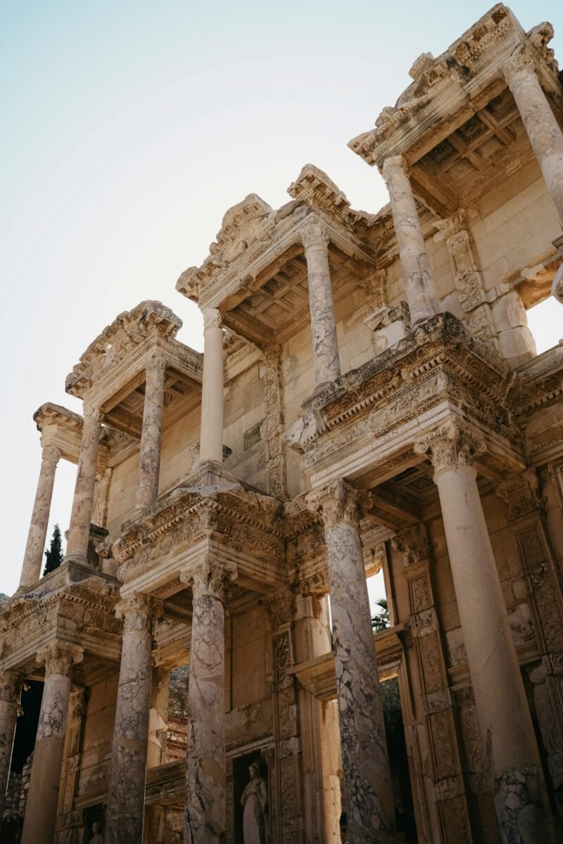 Low angle view of the ancient ruins of the Library of Celsus in Ephesus, Turkey.